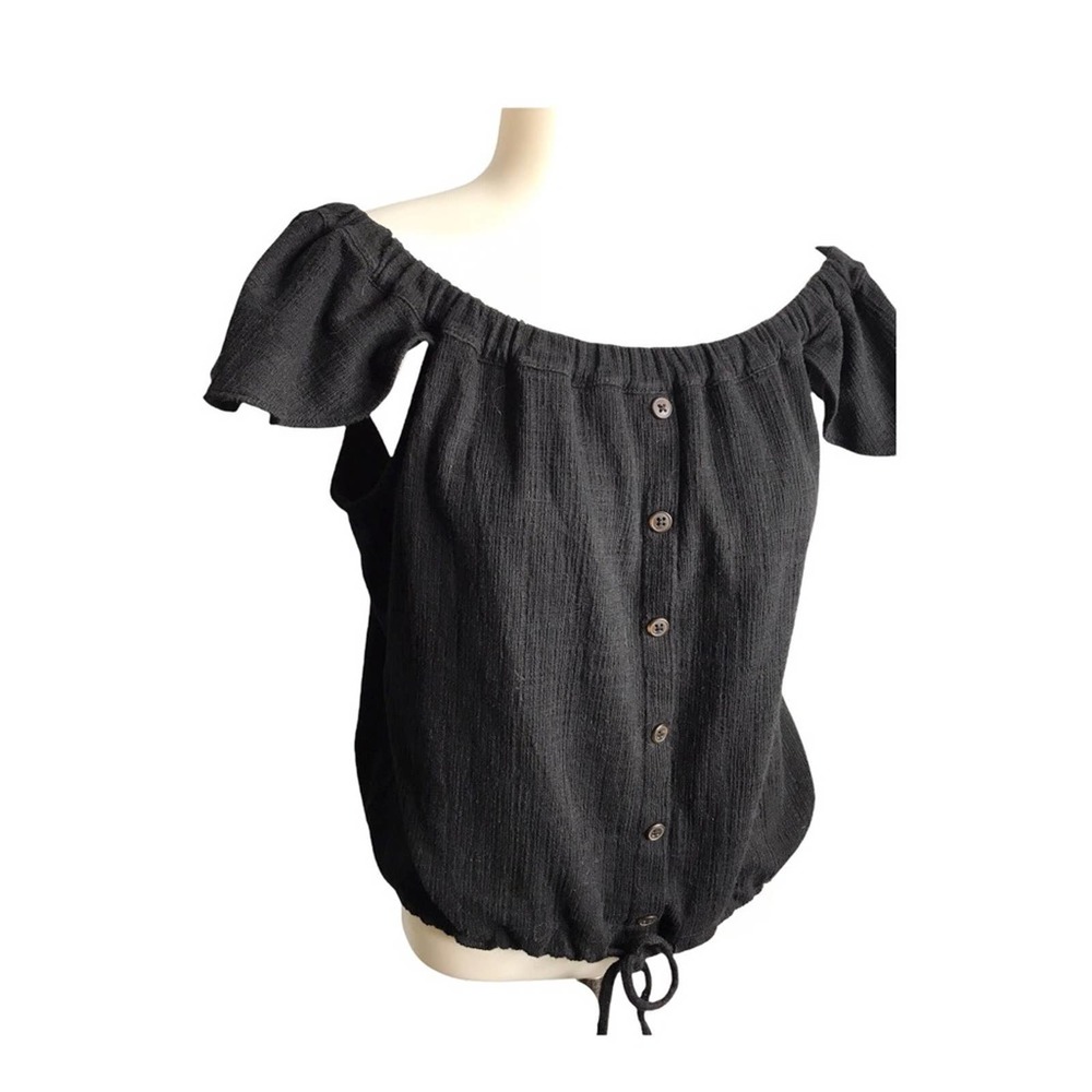 Madewell | Black Ruffle Sleeve Button Down Crop Top Front Tie Top •